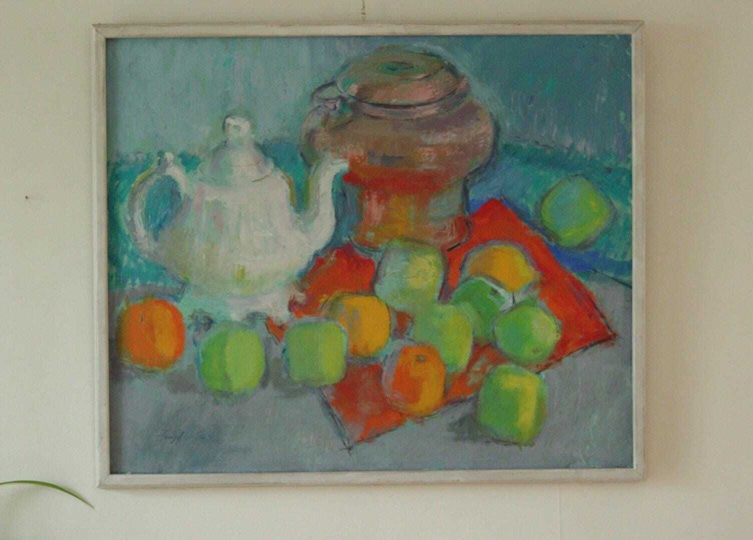 Original Swedish Mid Century  Oil On Canvas – “Still Life With Tea Pot” – Leo Fritiof Katte – Vintage & Framed  67 X 56 Cm (26.4" X 22")