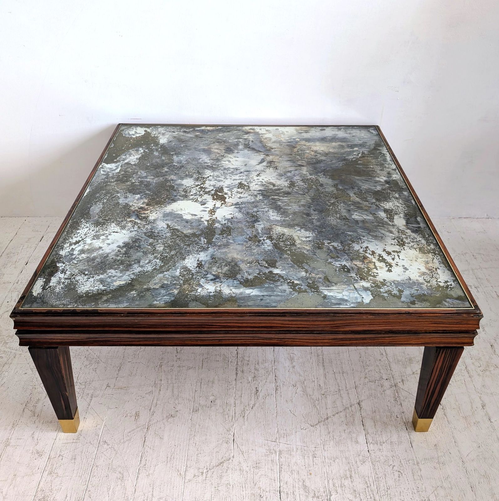 995.0 Large Vintage Mid Century Macassar Coffee Table, Eglomise Glass Top, Italy 1970s photo