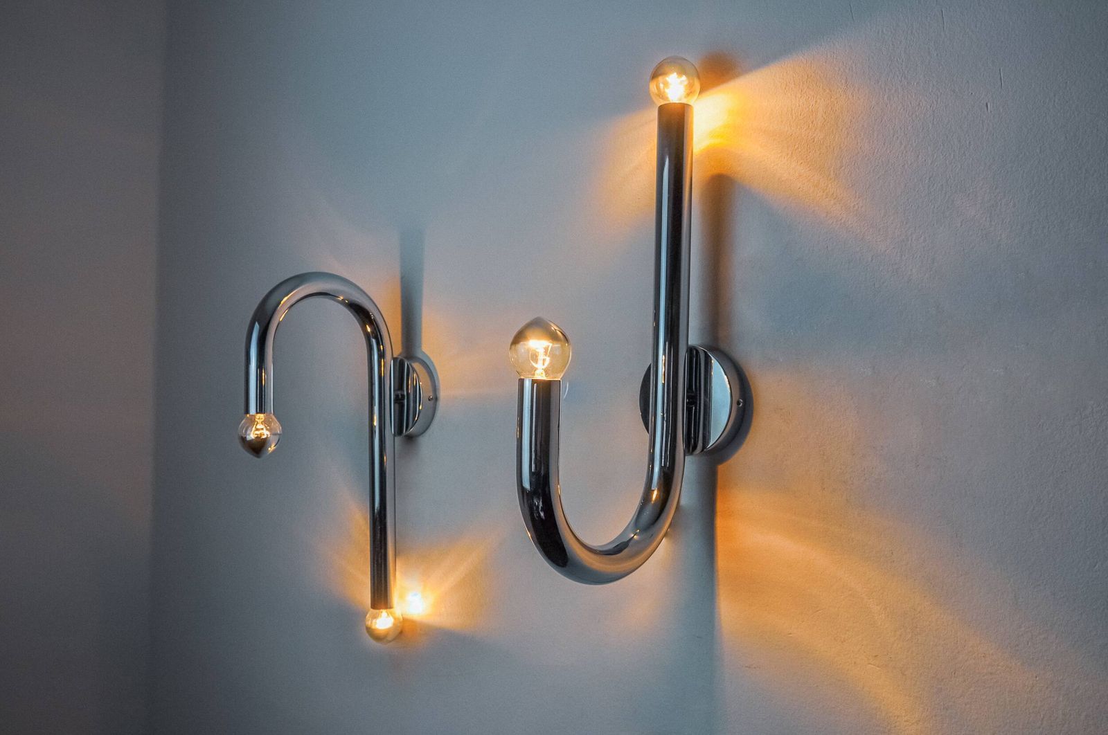 Pair Of Space Age Tubular Wall Lights, Chromed Metal, Italy, 1970 photo furniture