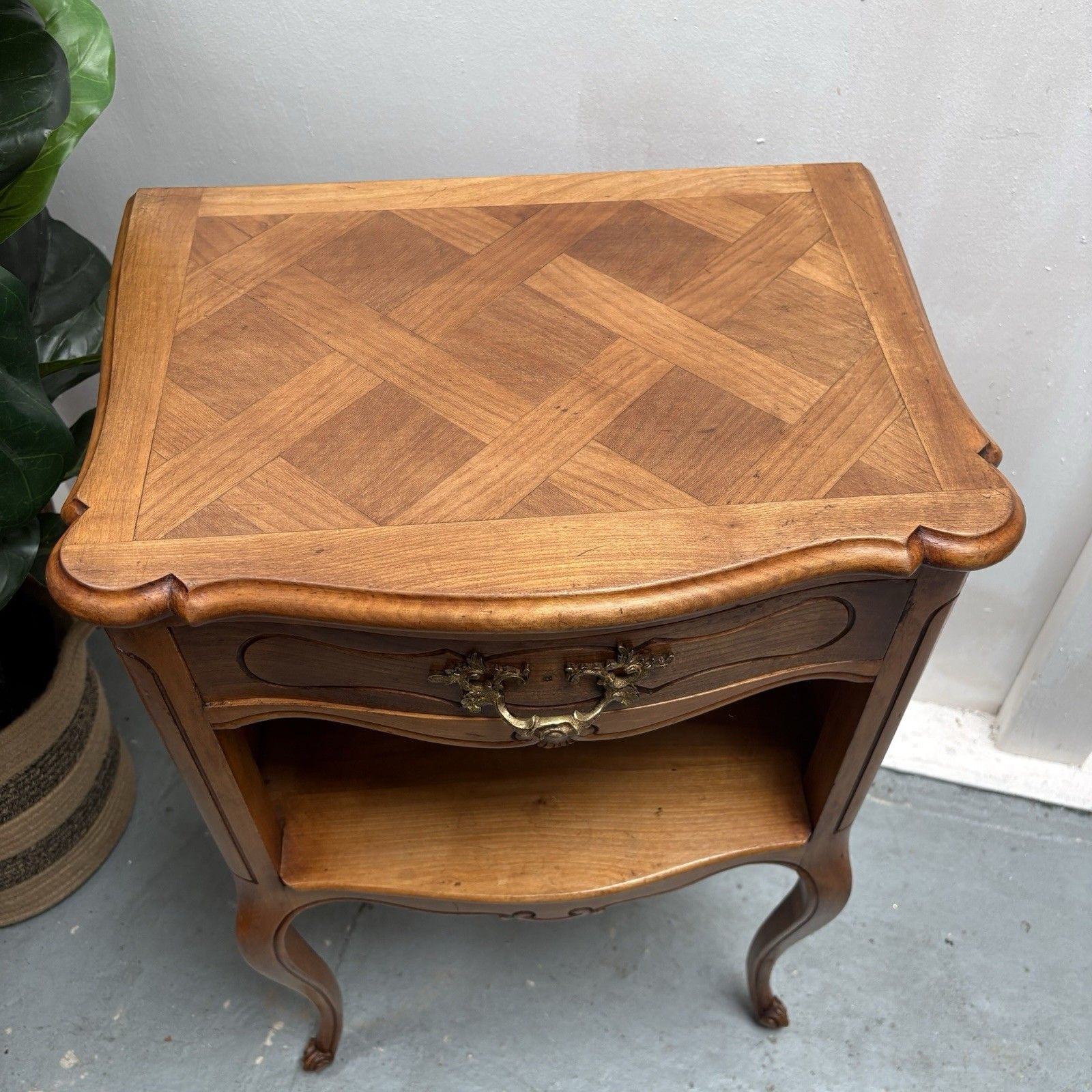 Vintage French Louis XV Style Parquetry Top Cherry Wood Bedside Table “Chevet” photo vintage