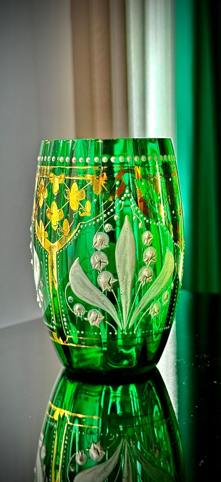 Victorian Green Glass Tumbler, Lily Of The Valley Enamel & Gilt, C.1880–1895