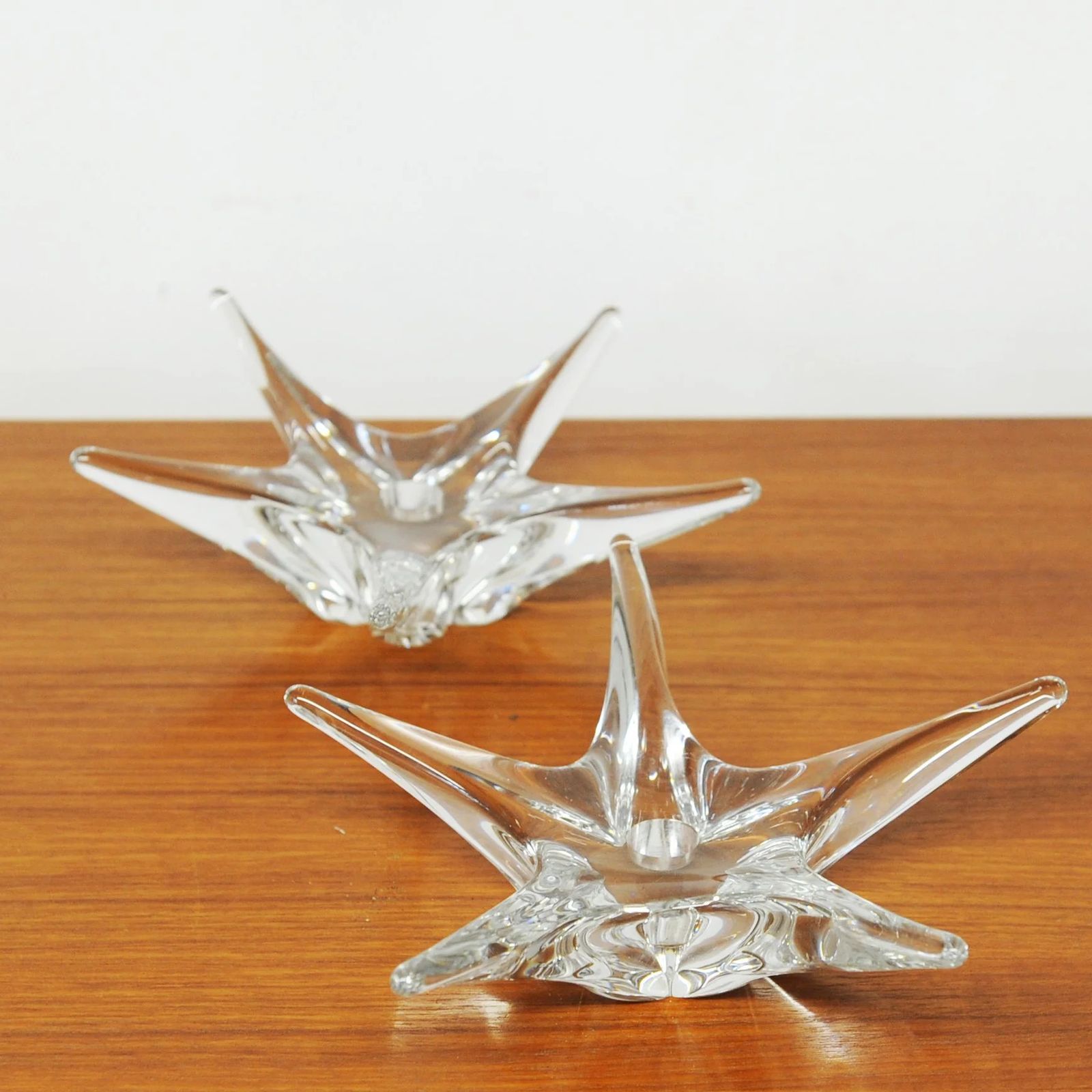 Pair Of Signed Star Shaped Crystal Candlestick Holders By Daum France, 1970s photo vintage
