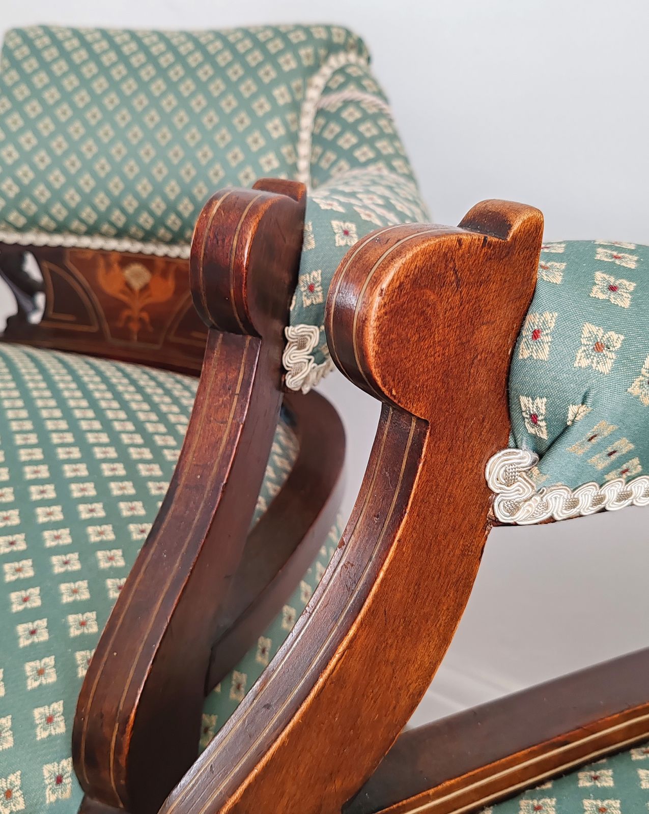 photo for sale Pair Of Edwardian Regency Revival Inlaid Mahogany Carver Armchairs, C.1910–1930