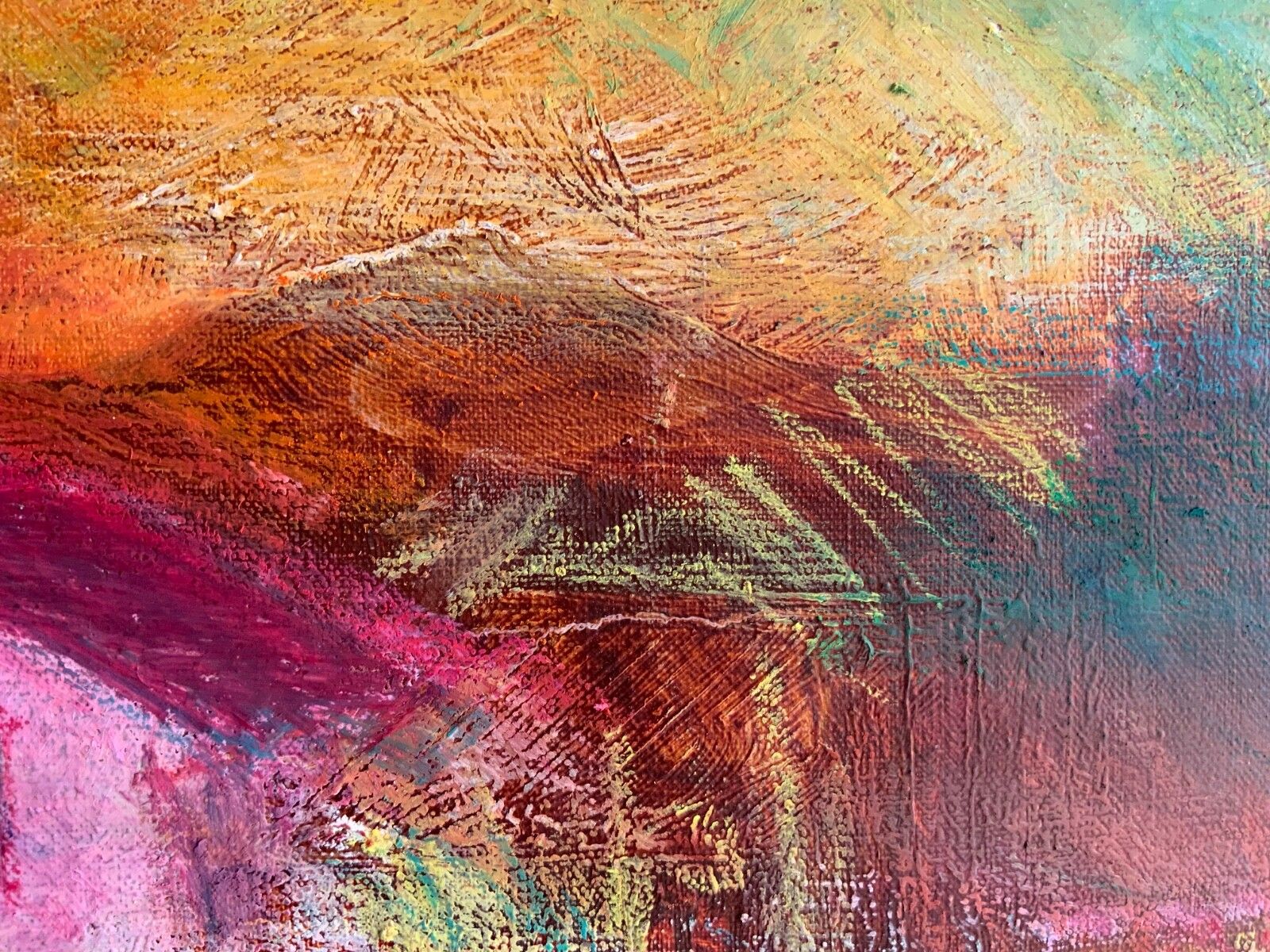 Vintage Oil Pastel Painting Landscape, “Pink House” photo Art