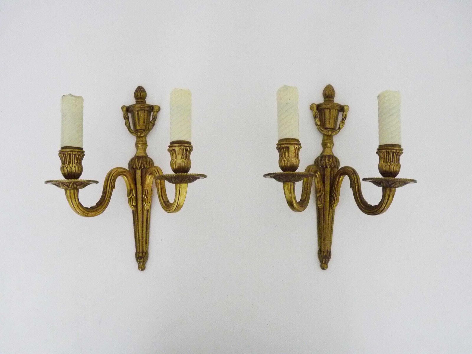 Antique Pair Of Bronze Firepot Wall Sconces With Two Candles.