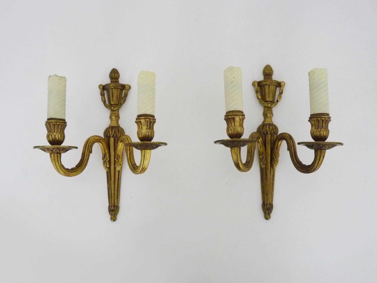 Antique Pair Of Bronze Firepot Wall Sconces With Two Candles. photo for sale
