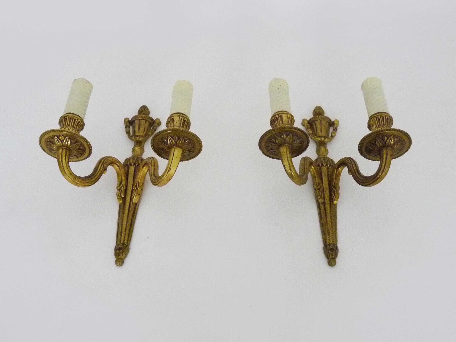Antique Pair Of Bronze Firepot Wall Sconces With Two Candles. photo Home Decor