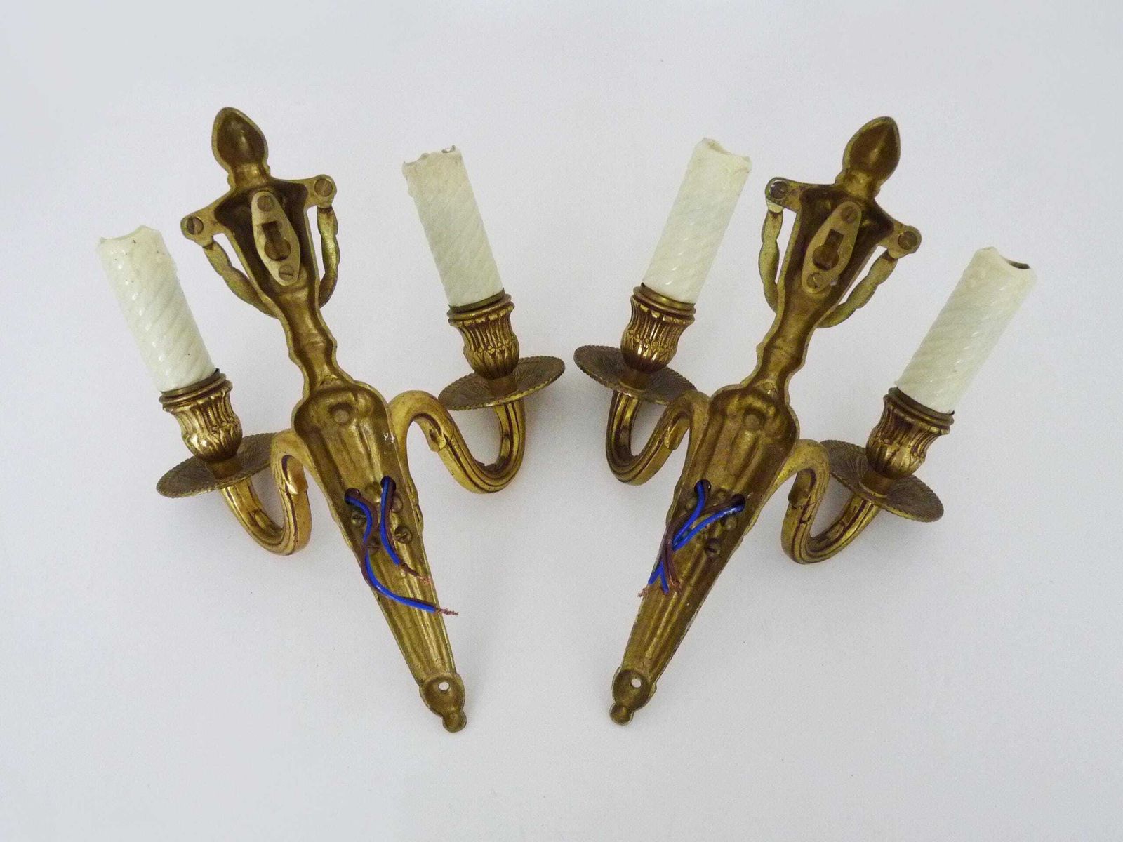 photo furniture Antique Pair Of Bronze Firepot Wall Sconces With Two Candles.
