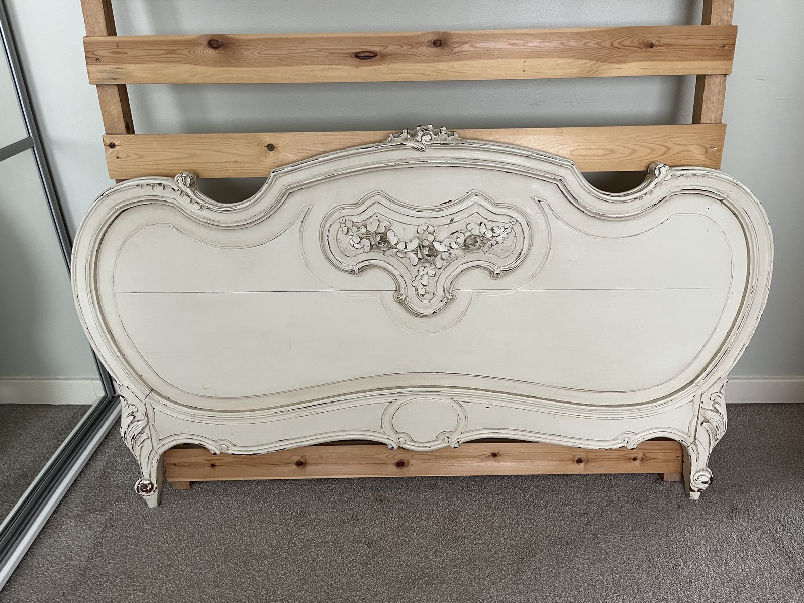 Furniture Antique French Louis XIV Style Double Bed   Cream Distressed photo