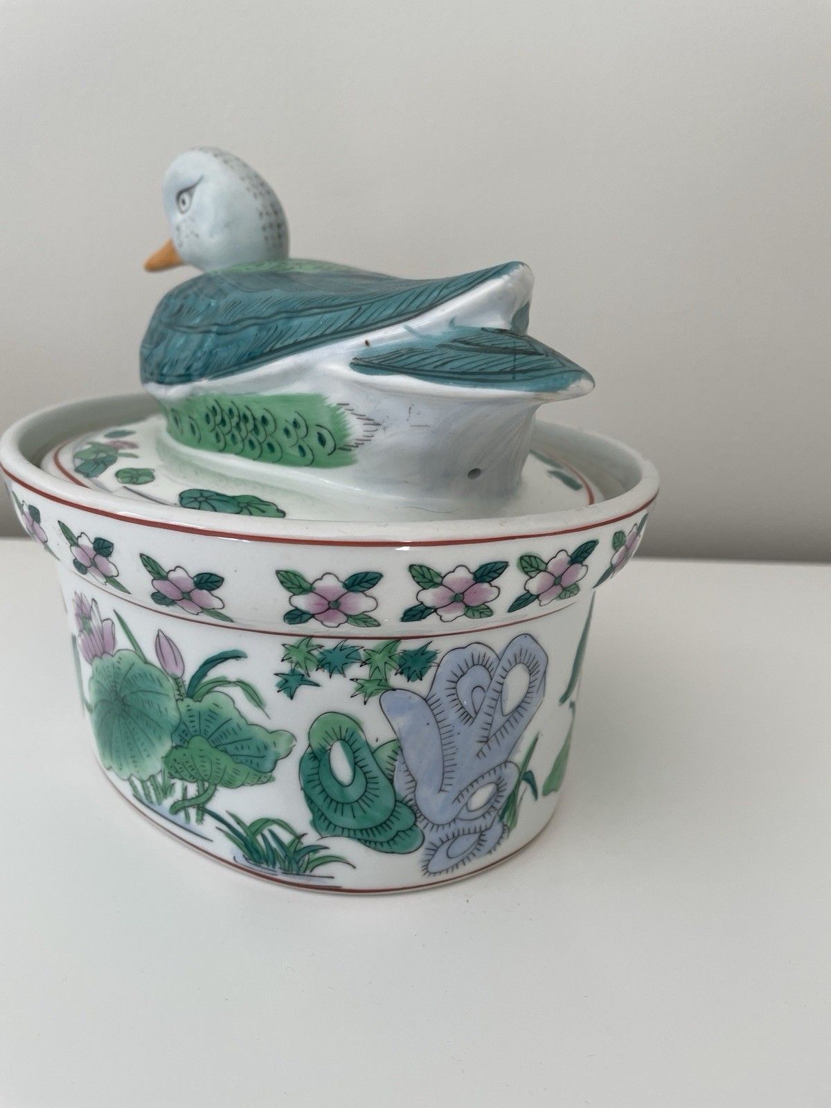 Vintage Chinese Hand Painted Famille Verte Porcelain Duck Tureen Egg Basket Pot photo for sale