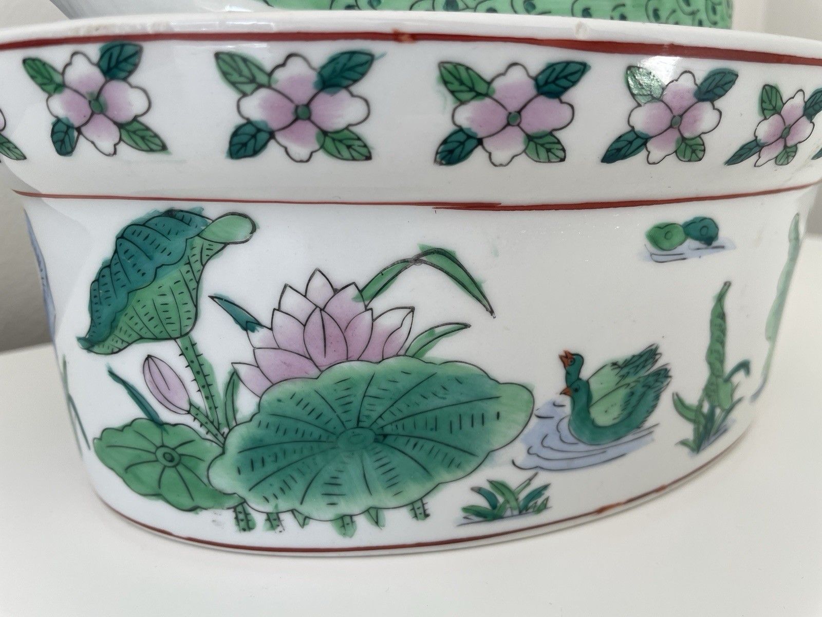 Vintage Chinese Hand Painted Famille Verte Porcelain Duck Tureen Egg Basket Pot photo 55.0
