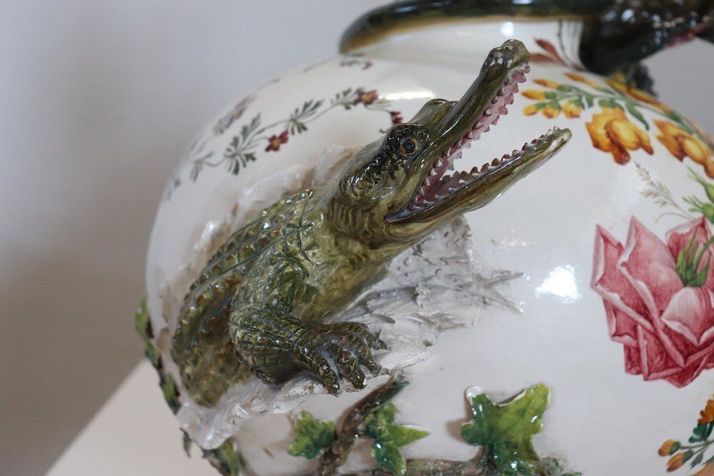 photo for sale Ceramic Vase With Relief Figures Of Eagle And Crocodile, Early 20th Century