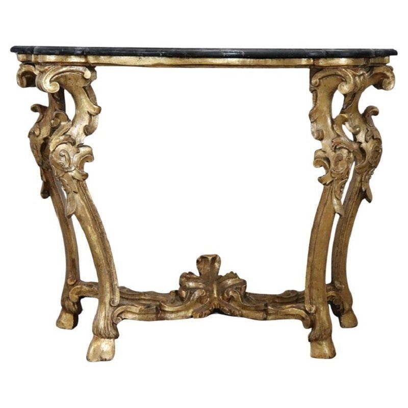 Antique Carved And Gilded Wood Console Table With Marble Top, 18th Century