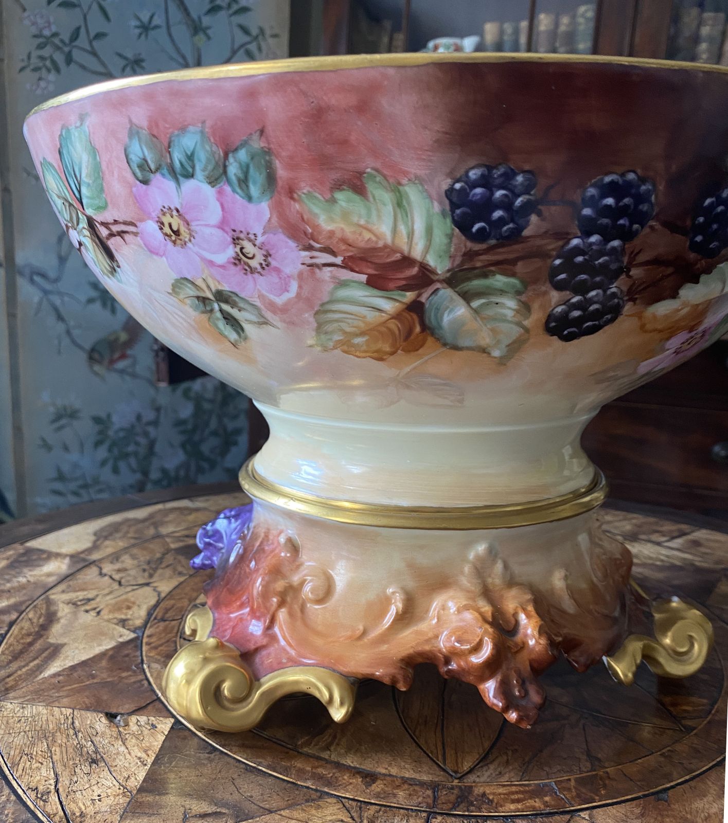 Magnificent Hand Painted, Artist Signed, Blackberries And Wild Roses, T&V Limoges French Punchbowl, 13” And Plateau photo Home Decor