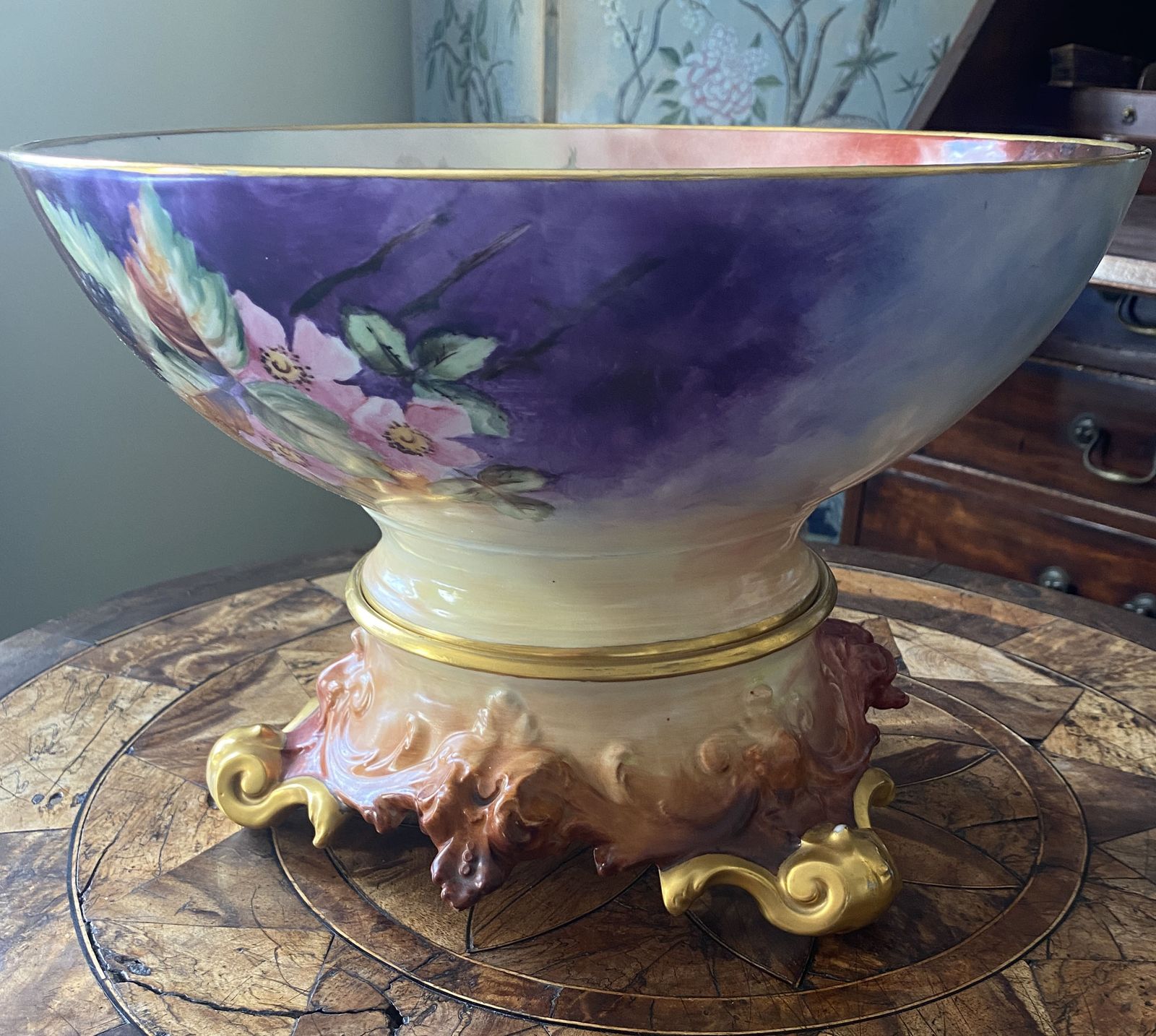 Magnificent Hand Painted, Artist Signed, Blackberries And Wild Roses, T&V Limoges French Punchbowl, 13” And Plateau photo vinterior