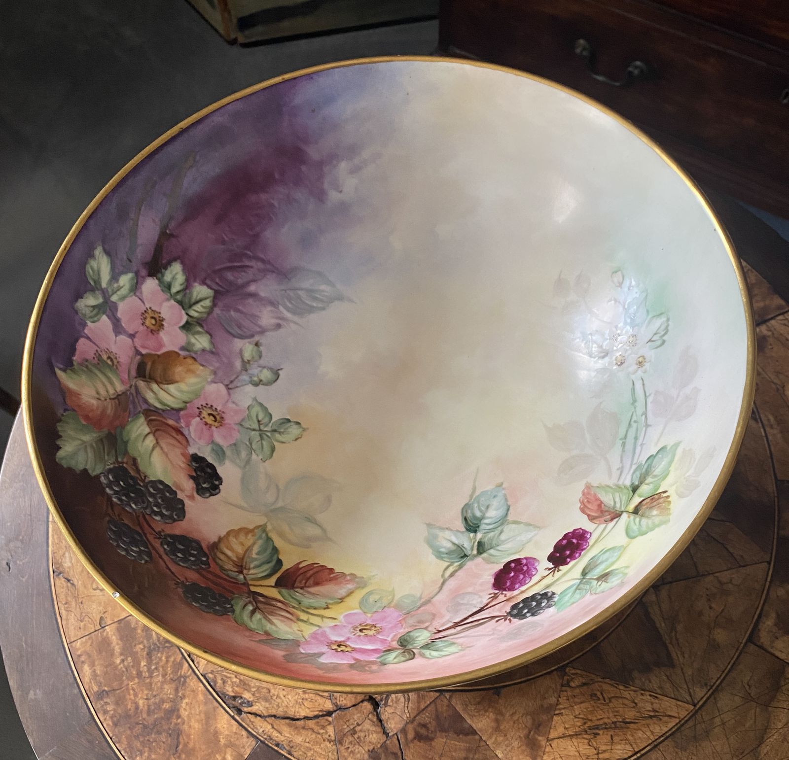 photo furniture Magnificent Hand Painted, Artist Signed, Blackberries And Wild Roses, T&V Limoges French Punchbowl, 13” And Plateau