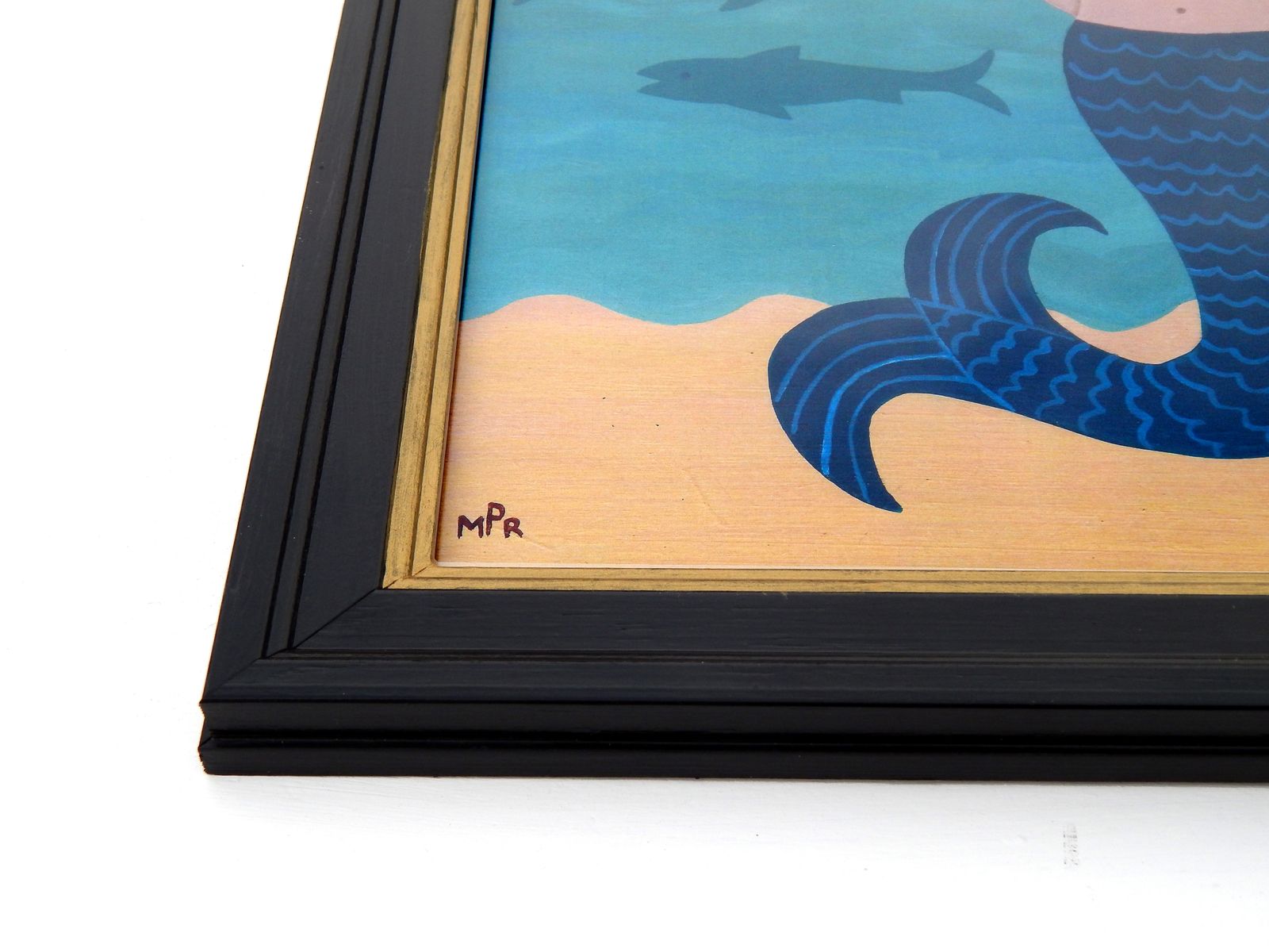Naive Mermaid Folk Art Print With Sailboat, Ocean Waves, And Hand Painted Black Frame By Matt Rix photo Art