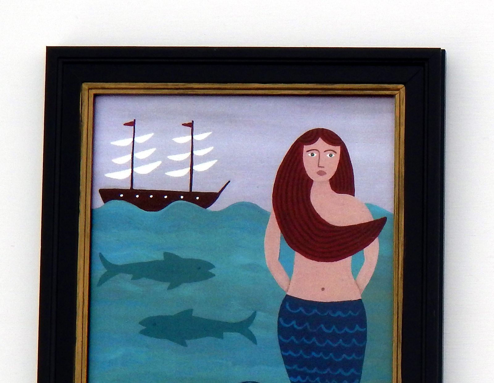 Naive Mermaid Folk Art Print With Sailboat, Ocean Waves, And Hand Painted Black Frame By Matt Rix photo furniture