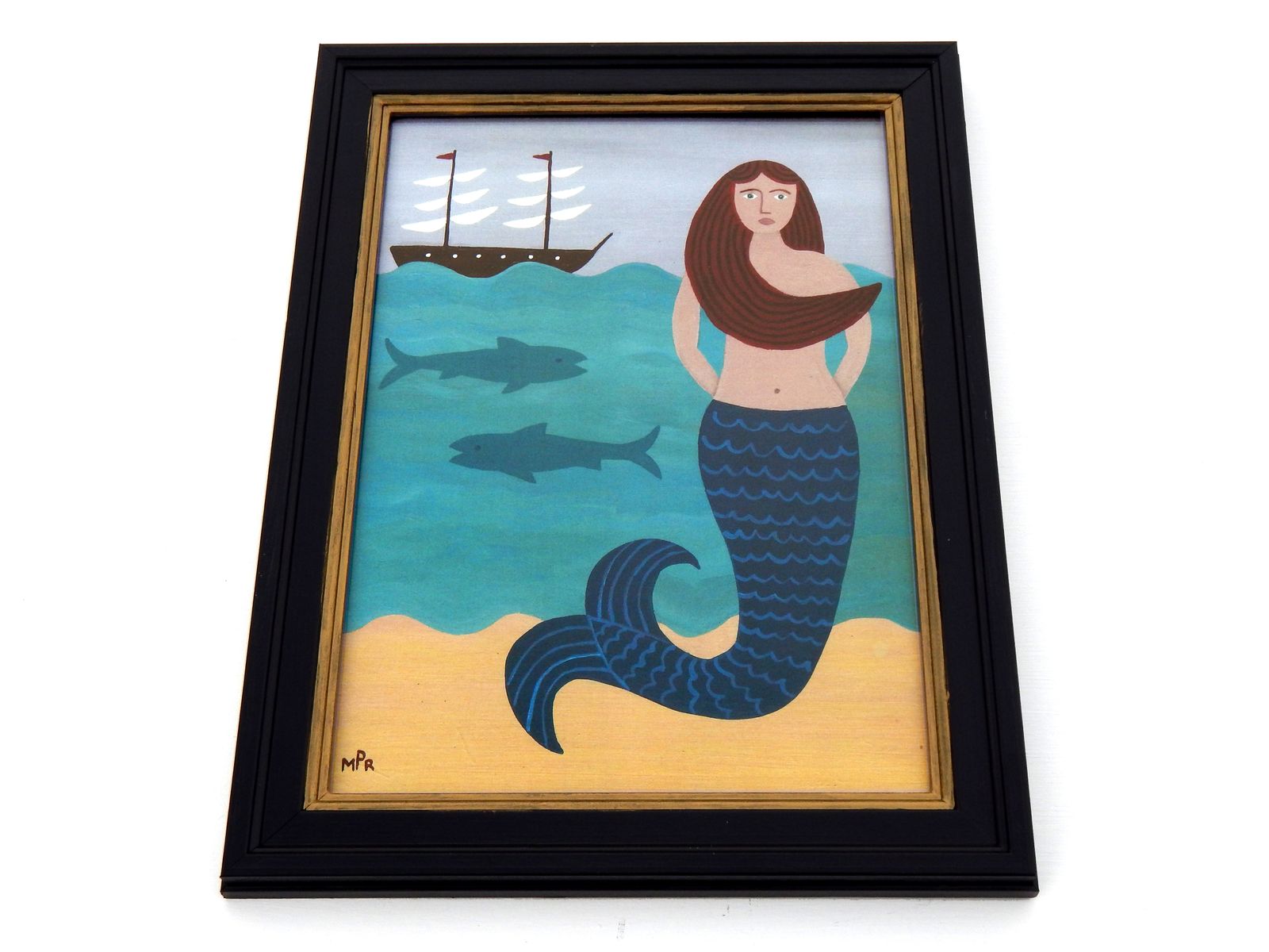 photo furniture Naive Mermaid Folk Art Print With Sailboat, Ocean Waves, And Hand Painted Black Frame By Matt Rix