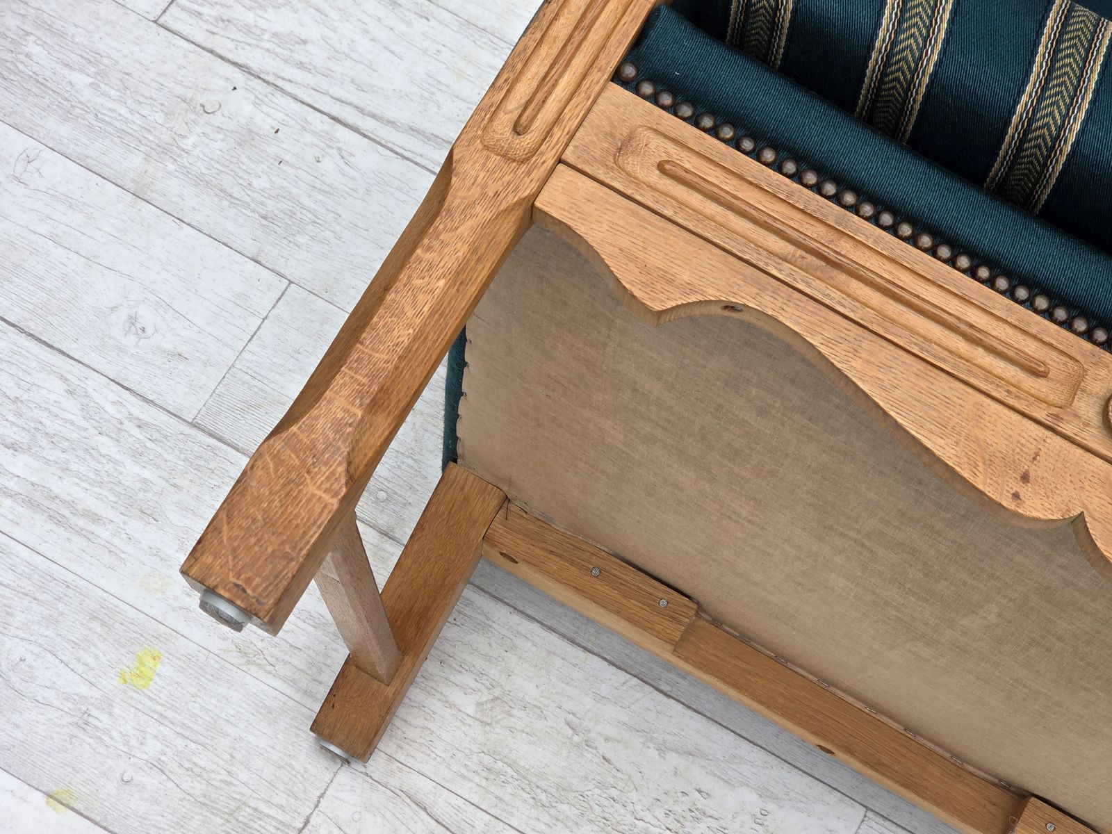 1970s, Danish Highback Armchair, Turkis Green Furniture Wool, Solid Oak Wood. photo vinterior