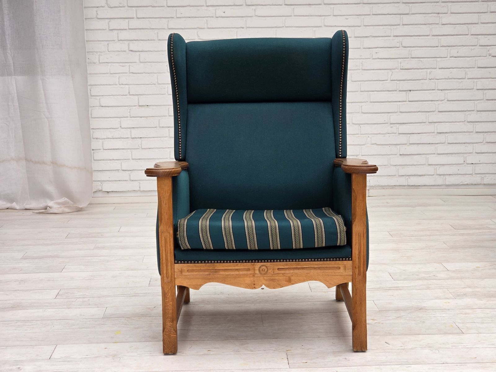 Furniture 1970s, Danish Highback Armchair, Turkis Green Furniture Wool, Solid Oak Wood. photo