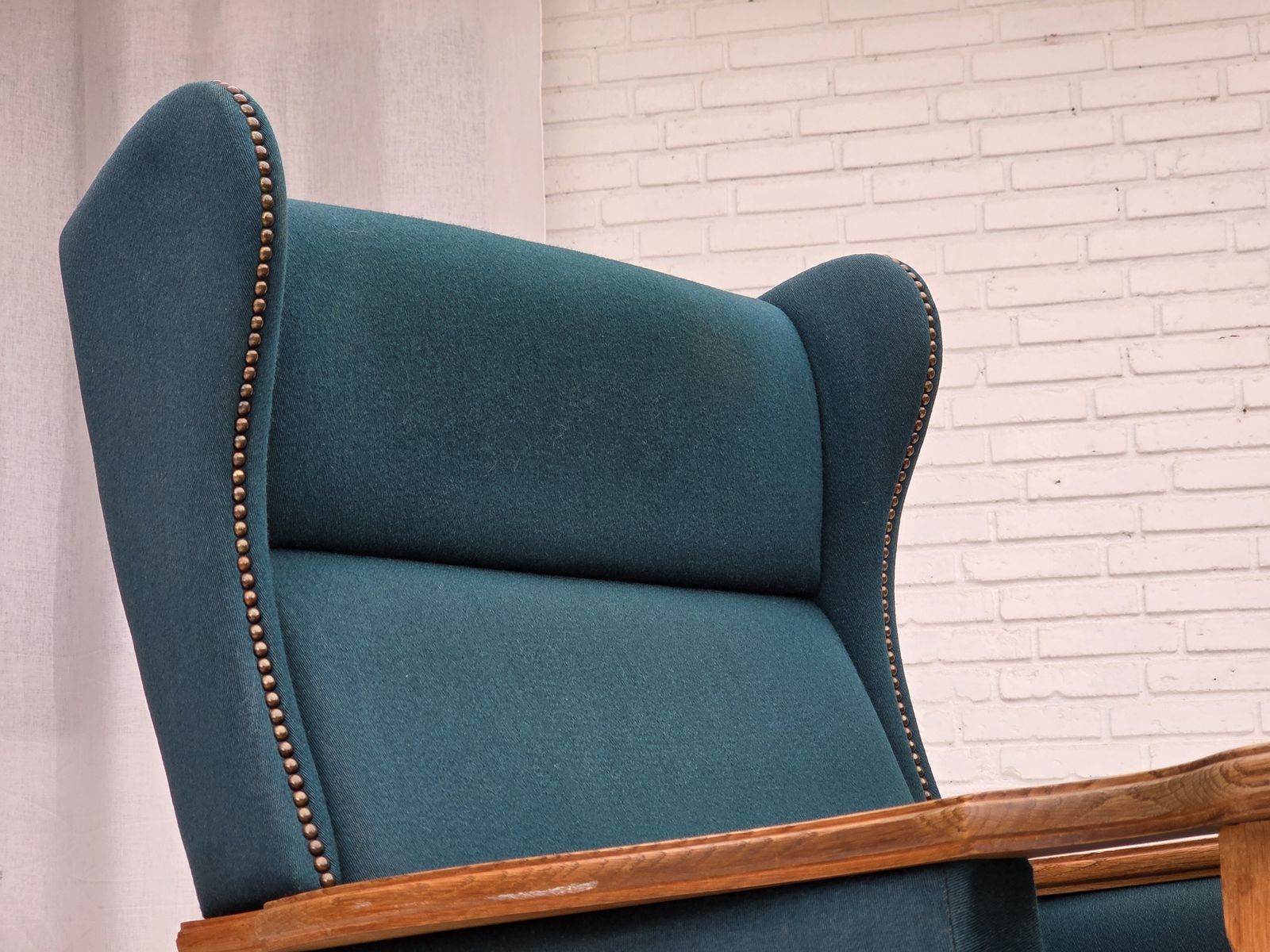 995.0 1970s, Danish Highback Armchair, Turkis Green Furniture Wool, Solid Oak Wood. photo