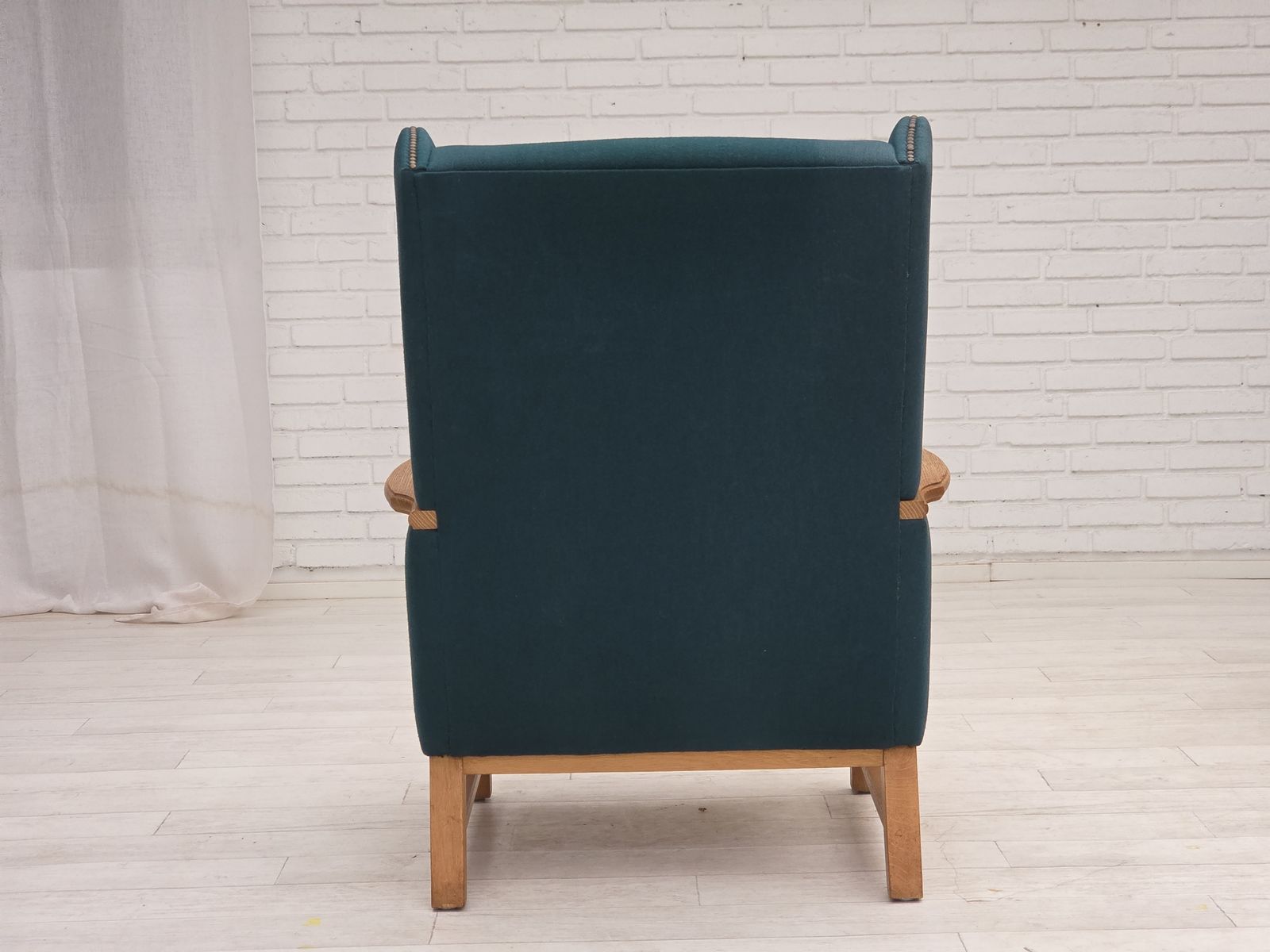 photo buy 1970s, Danish Highback Armchair, Turkis Green Furniture Wool, Solid Oak Wood.