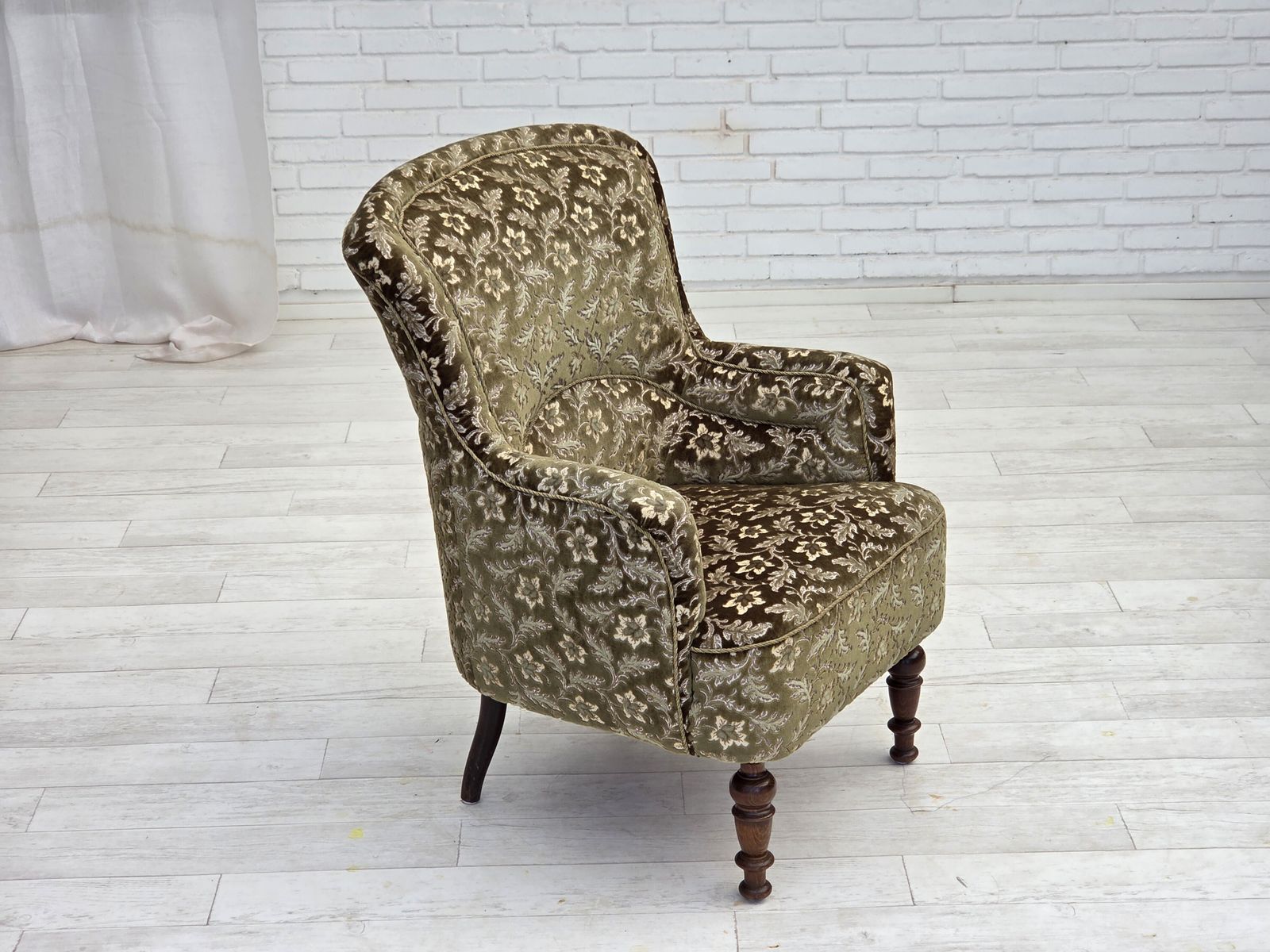 1950s, Danish Armchair, Green Furniture Velour, Ash Wood Legs. photo for sale