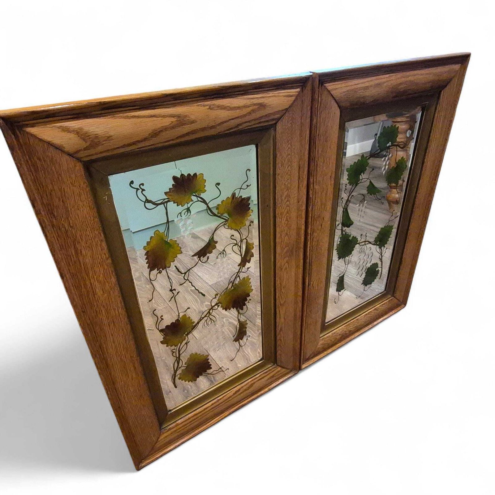 Antique Victorian Reverse Painted Mirror – Oak Frame Vine Design, Decorative Wall Mirror, 19th Century Home Decor photo for sale