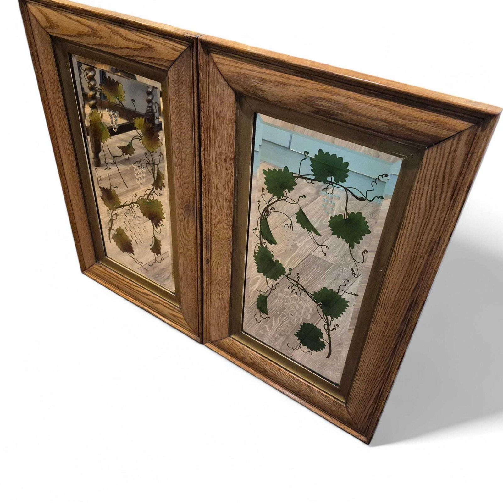 Antique Victorian Reverse Painted Mirror – Oak Frame Vine Design, Decorative Wall Mirror, 19th Century Home Decor photo Home Decor