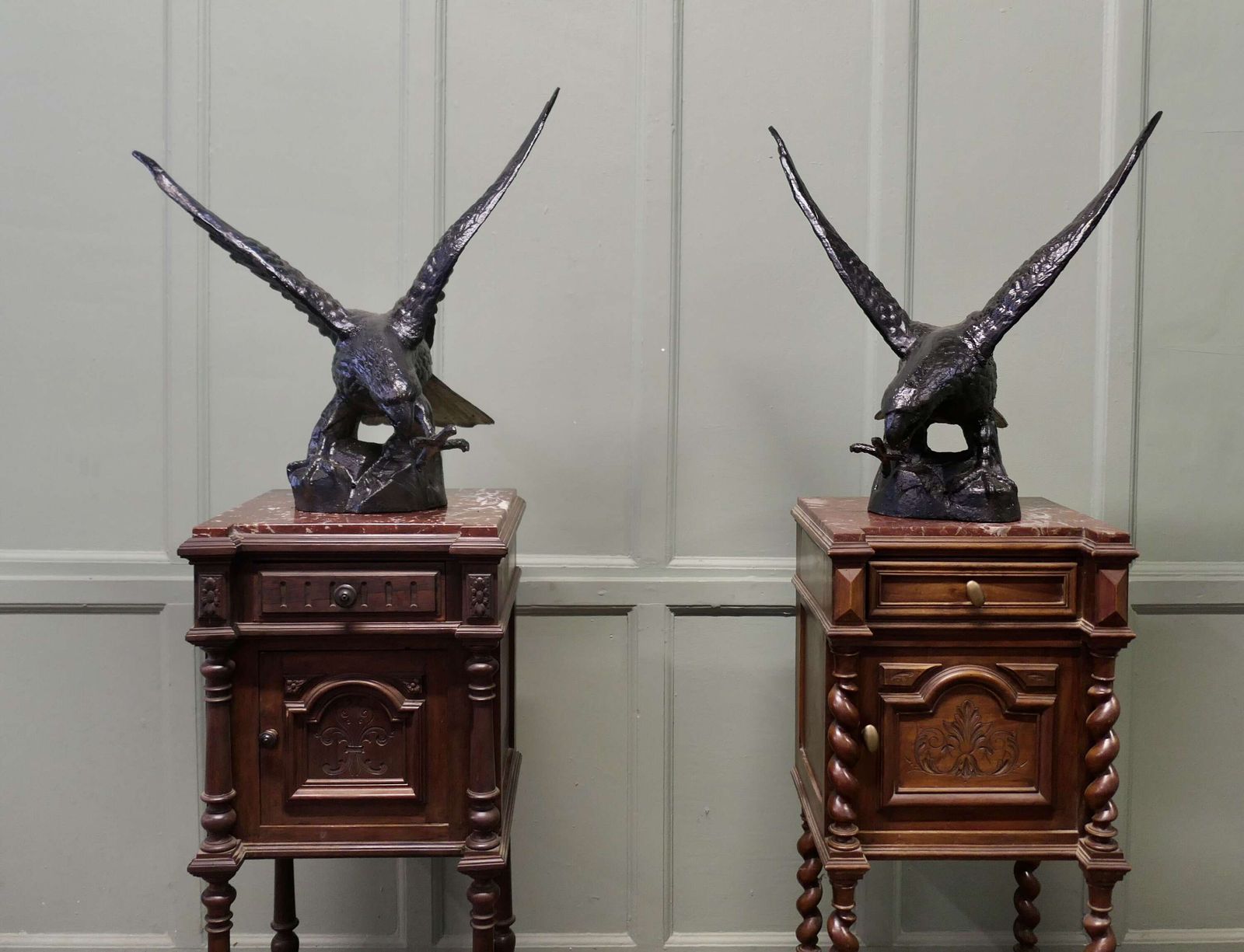 Pair Of Large Old Iron Eagle Statues Or Pillar Caps A Pair Of Large Old Weathered Eagle photo for sale