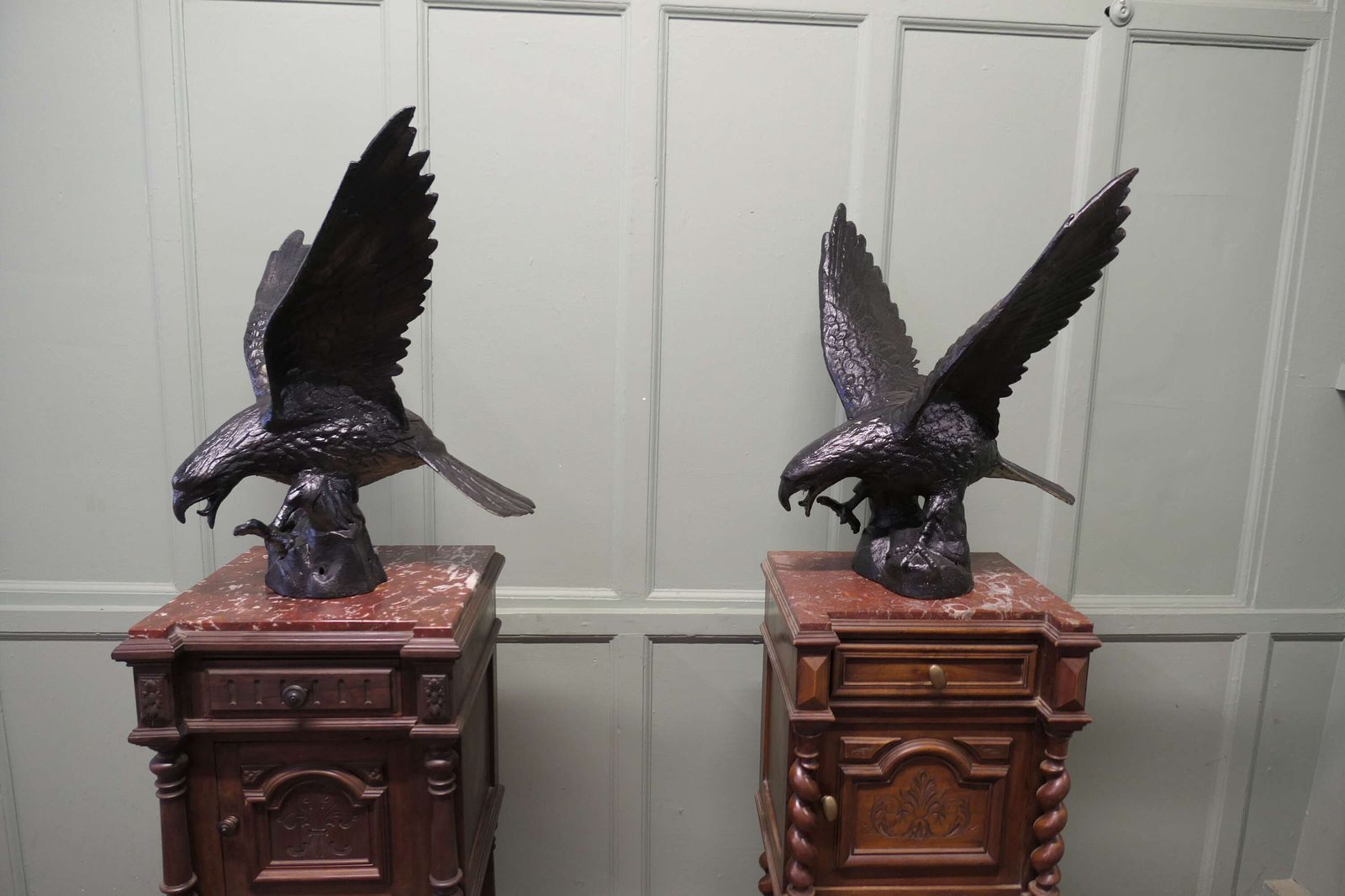 Pair Of Large Old Iron Eagle Statues Or Pillar Caps A Pair Of Large Old Weathered Eagle photo Art