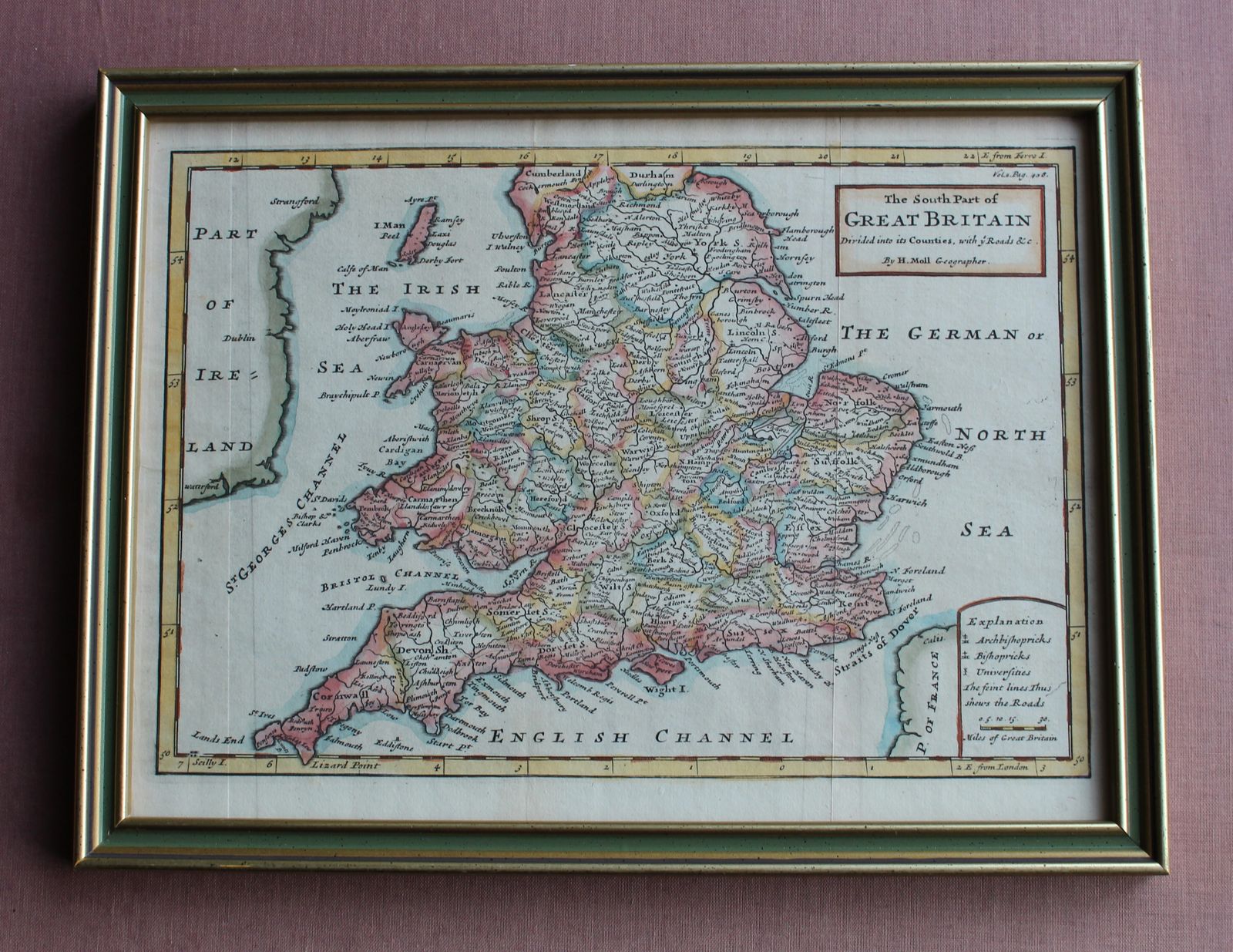 Framed 18th Century Map ‘The South Part Of Great Britain’ By Herman Moll