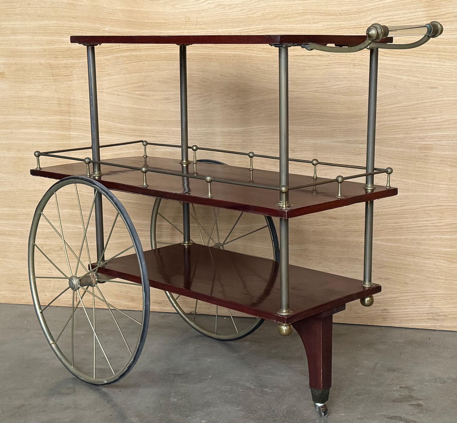 photo furniture Mid Century Mahogany Wood And Brass Italian Serving Bar Cart, 1960s. Three Level