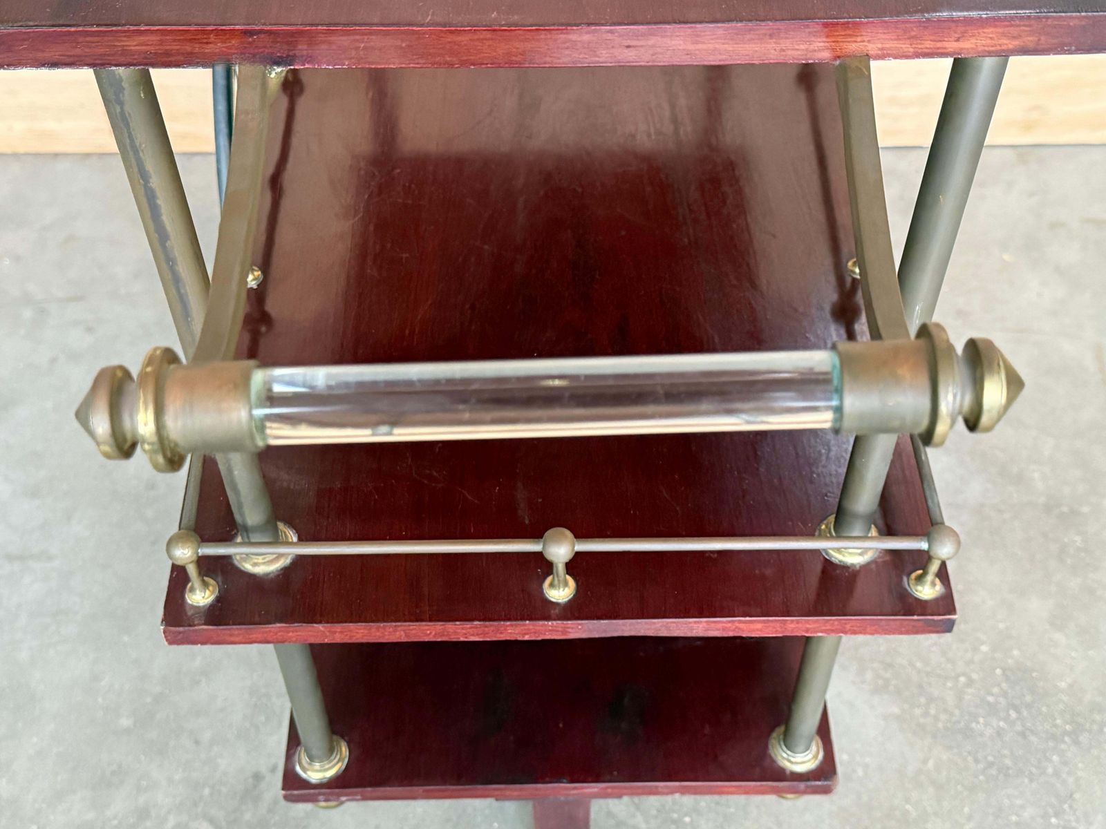 2104.0 Mid Century Mahogany Wood And Brass Italian Serving Bar Cart, 1960s. Three Level photo