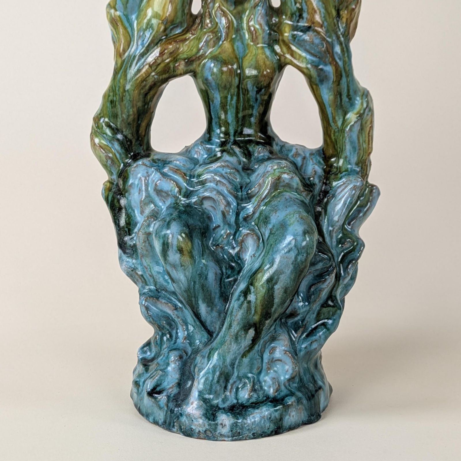 Figural French Candelabra, Glazed Red Earthenware Turquoise And Ochre Drip Glaze Candlestick Holder photo Home Decor