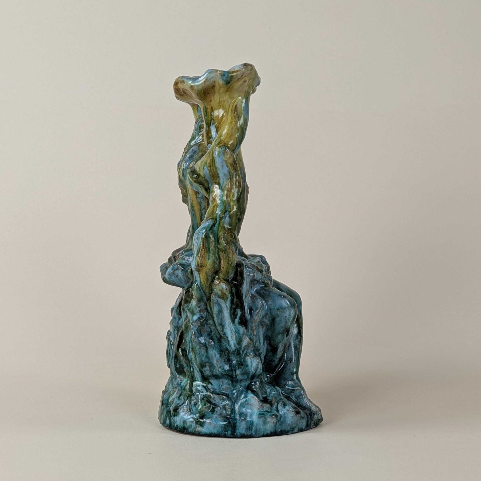 Figural French Candelabra, Glazed Red Earthenware Turquoise And Ochre Drip Glaze Candlestick Holder photo 418.0