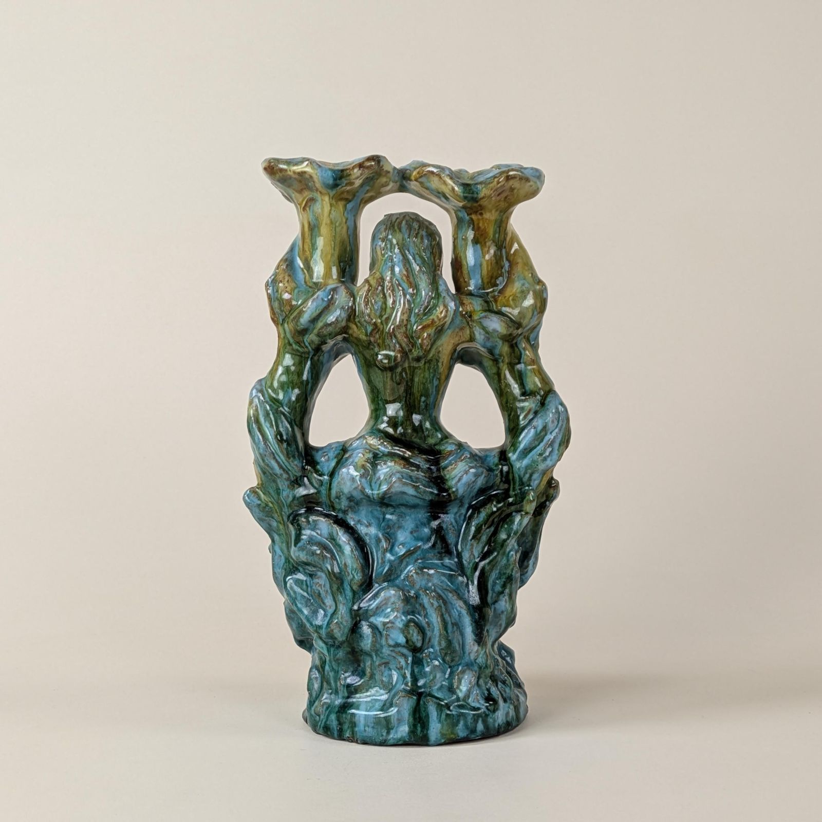 Figural French Candelabra, Glazed Red Earthenware Turquoise And Ochre Drip Glaze Candlestick Holder photo buy