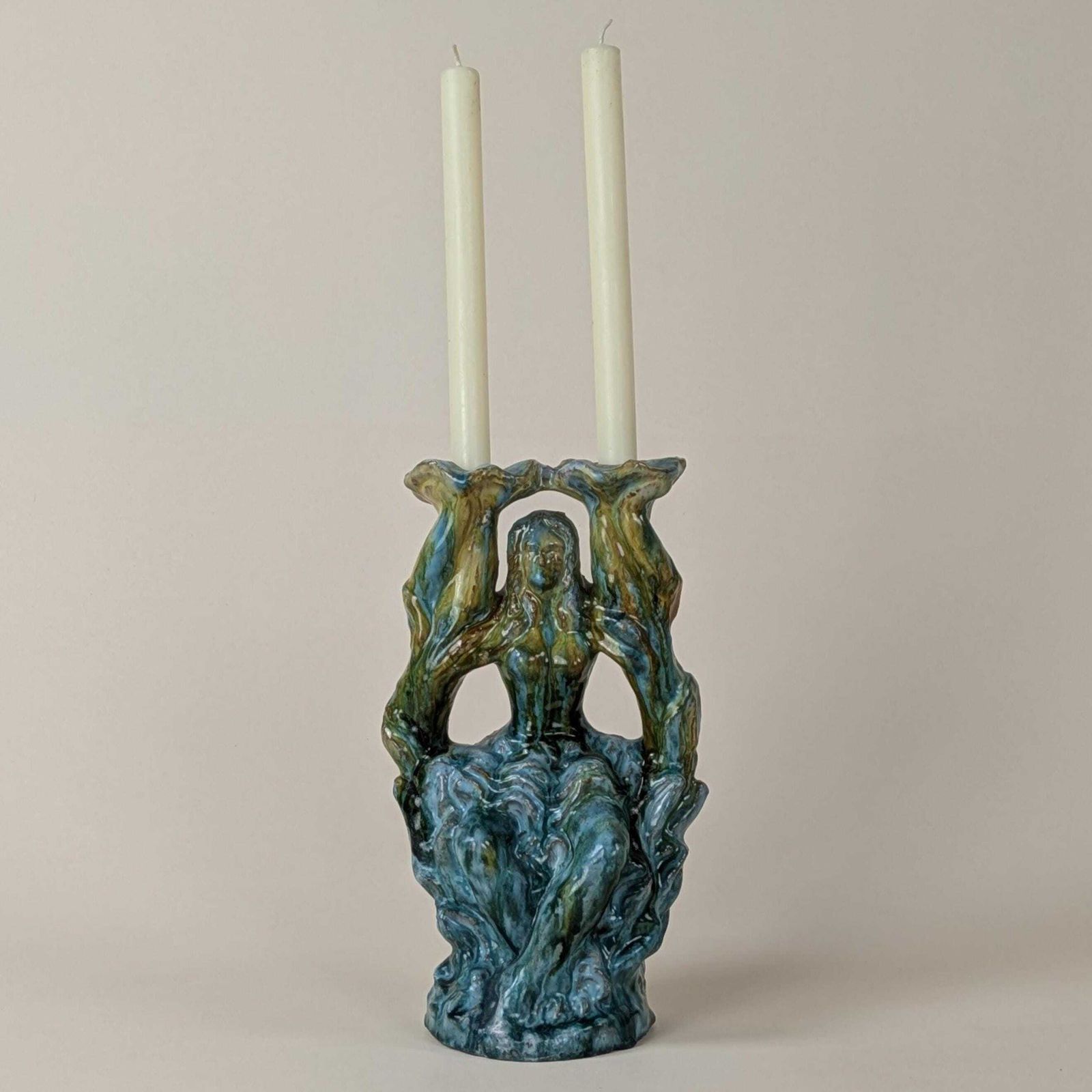 photo furniture Figural French Candelabra, Glazed Red Earthenware Turquoise And Ochre Drip Glaze Candlestick Holder