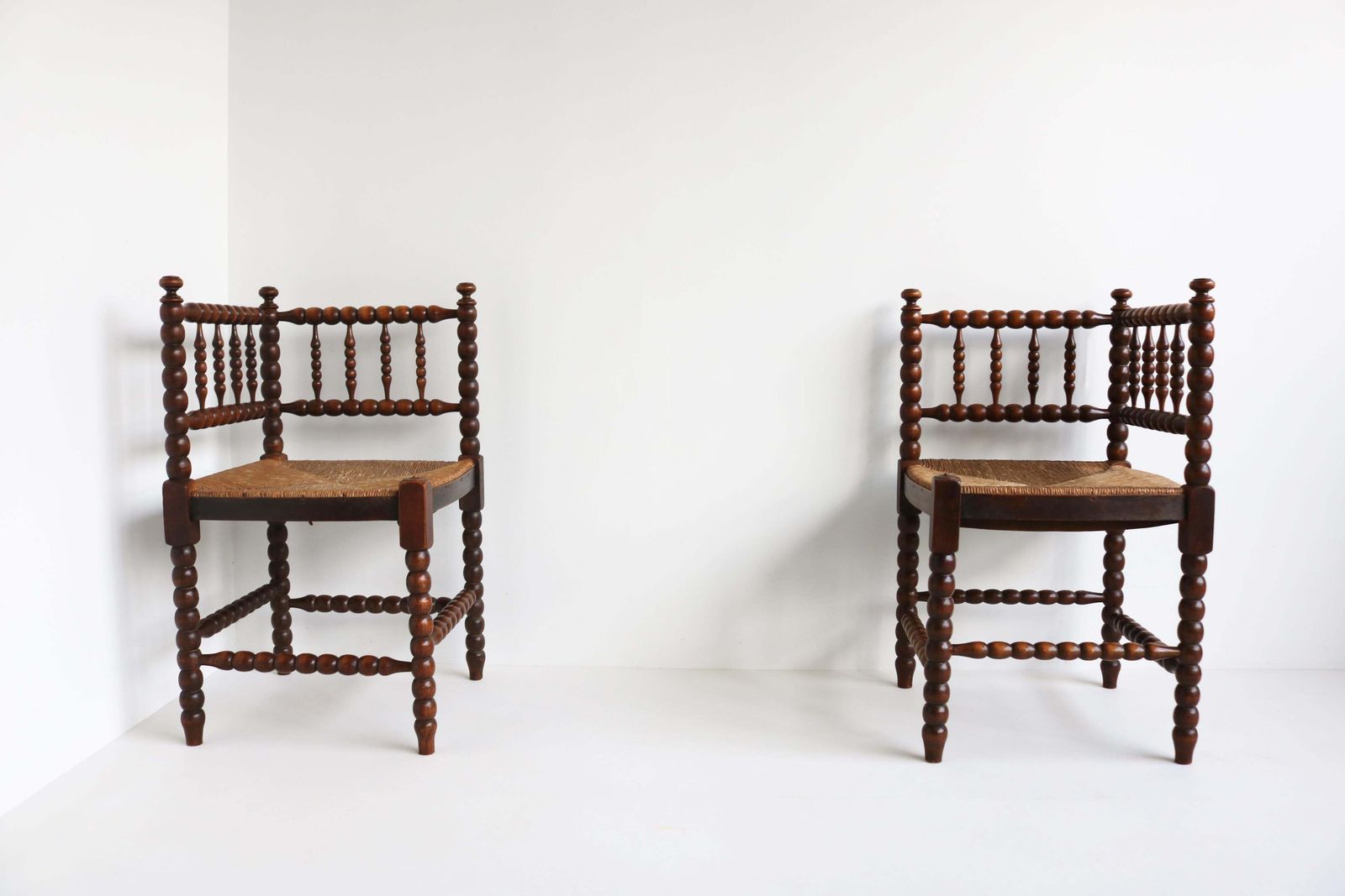 Typical Dutch Pair Antique Rush Seat Oak Corner Bobbin Side Knitting Chairs 1900 photo vinterior
