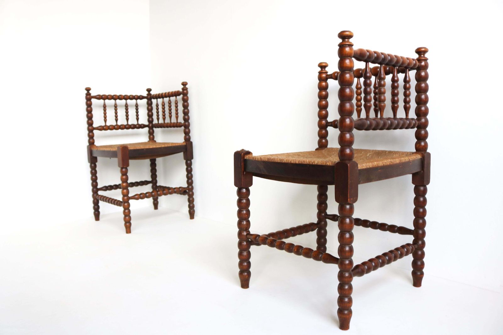 Typical Dutch Pair Antique Rush Seat Oak Corner Bobbin Side Knitting Chairs 1900 photo buy