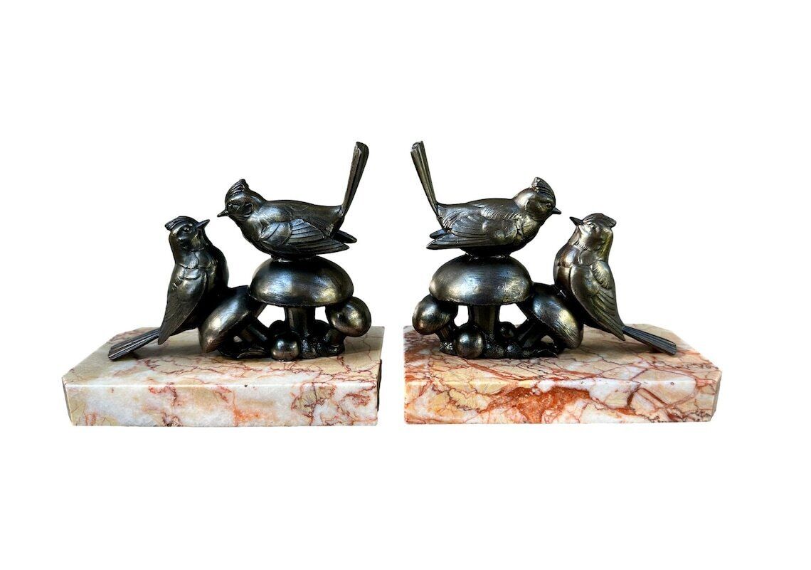 Art Deco Bird Bookends 1930, French Spelter And Marble Bookends Birds On Mushrooms Figurines Gift For Her