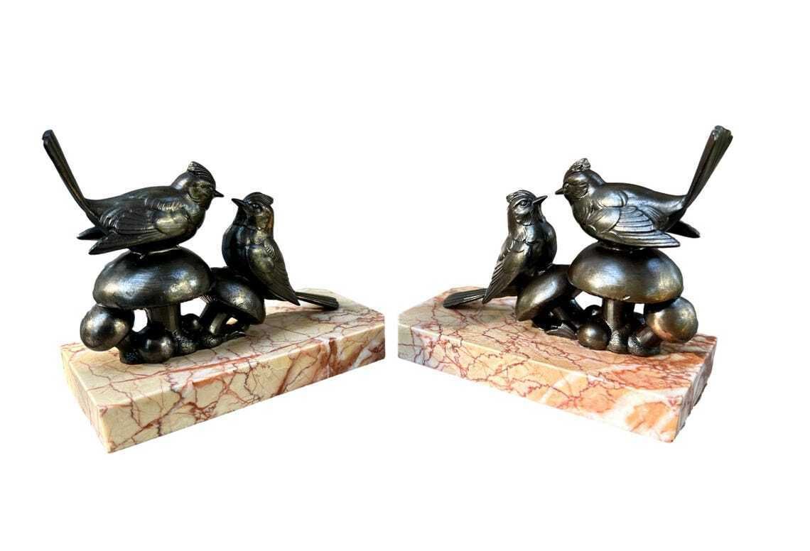Art Deco Bird Bookends 1930, French Spelter And Marble Bookends Birds On Mushrooms Figurines Gift For Her photo furniture