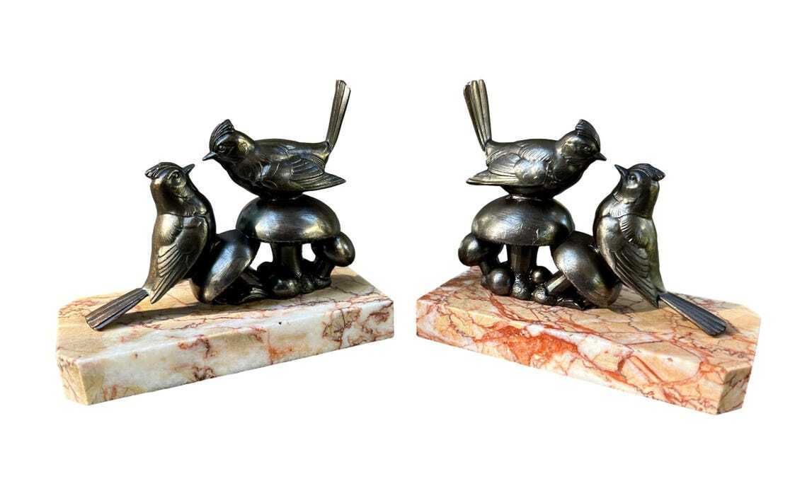Art Deco Bird Bookends 1930, French Spelter And Marble Bookends Birds On Mushrooms Figurines Gift For Her photo vinterior