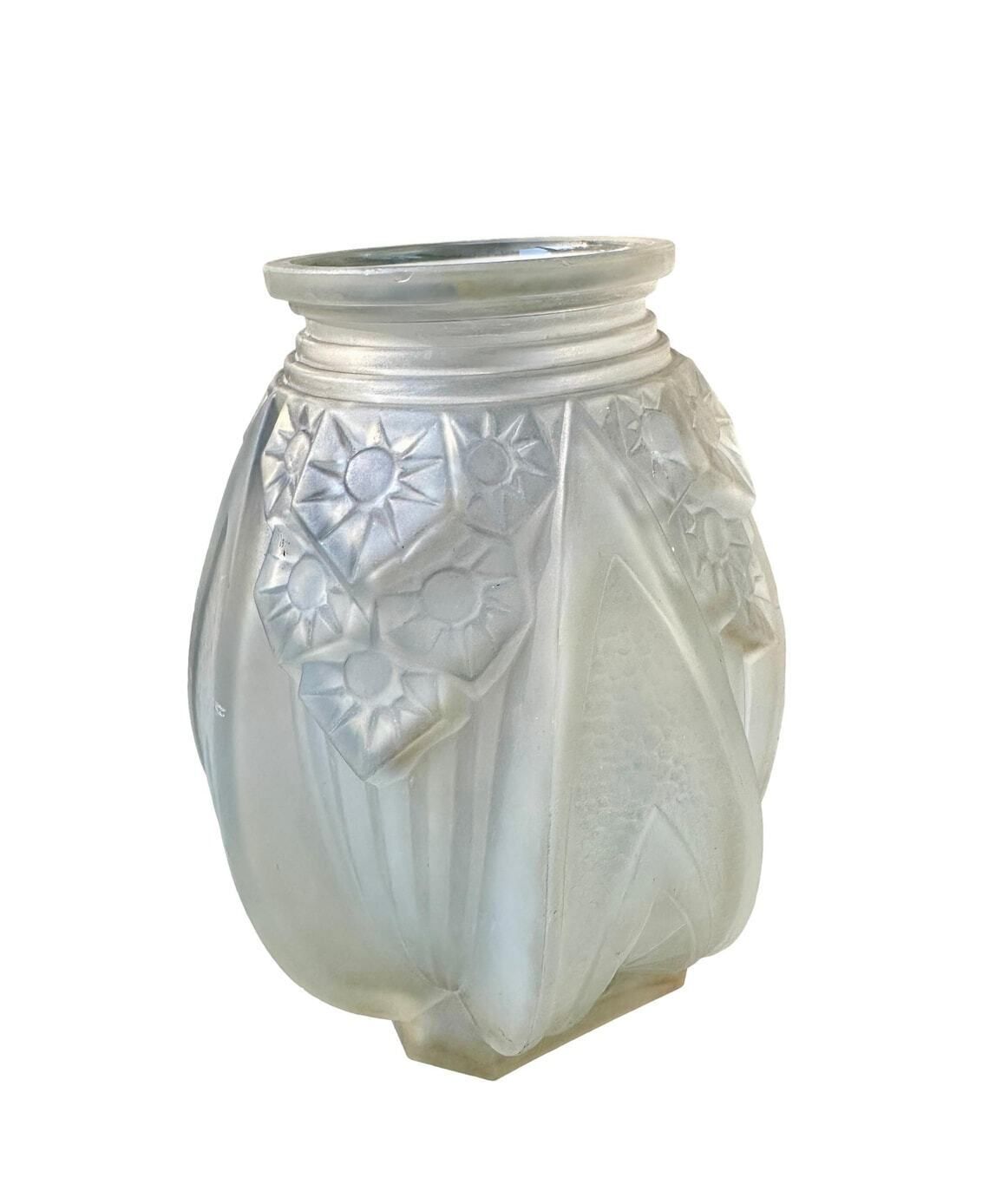Art Deco Glass Vase Signed Muller Frères French Molded Pressed Glass Circa 1930 Frosted Geometric Design Gift For Her photo 346.0
