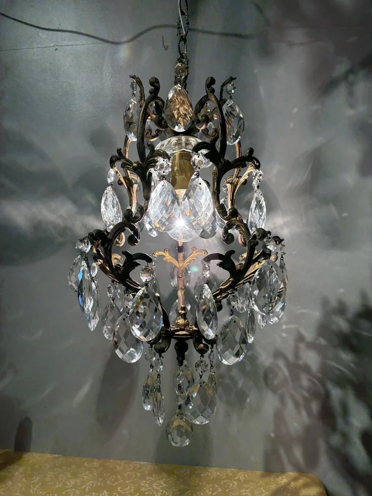 Italian Brass Cage Chandelier With Bohemian Crystals photo Lighting