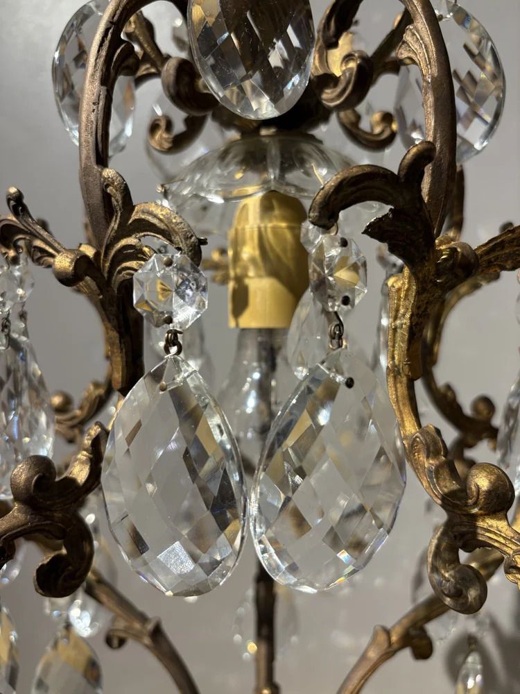 Italian Brass Cage Chandelier With Bohemian Crystals photo vinterior
