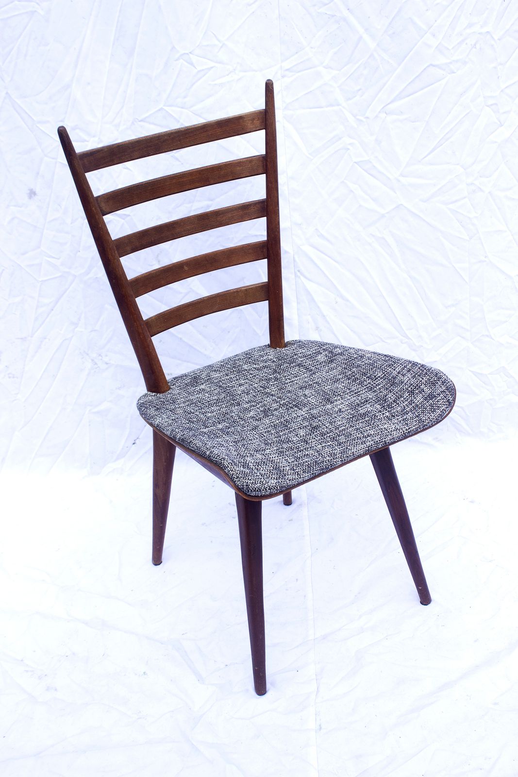Charming Set Of 4 Vintage Cees Braakman Pastoe Dining Chairs – 1960s Slatted Backs In Gray Tweed photo for sale
