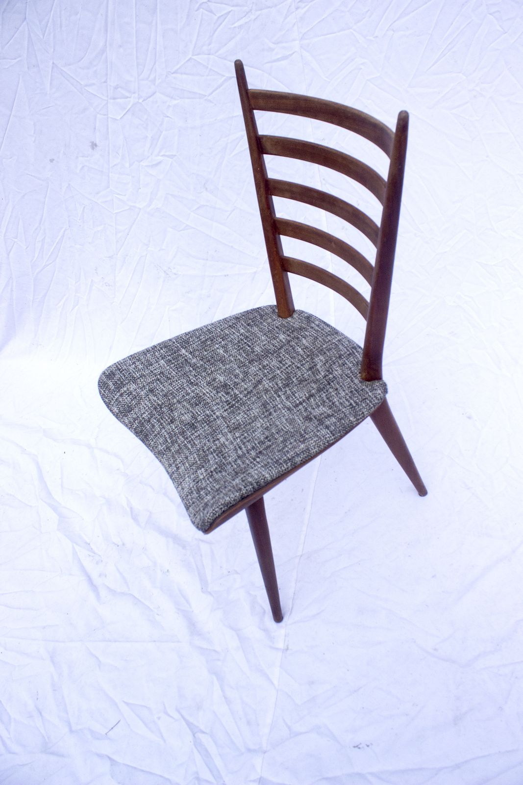 Charming Set Of 4 Vintage Cees Braakman Pastoe Dining Chairs – 1960s Slatted Backs In Gray Tweed photo vintage