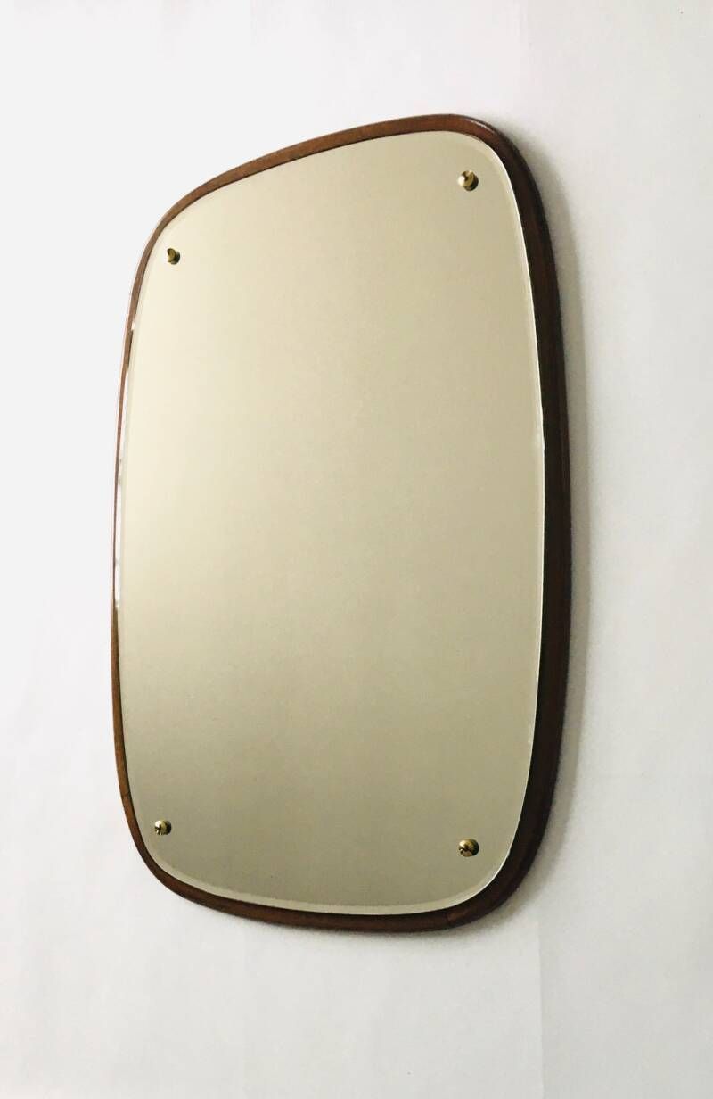 Midcentury Modern Scandinavian Design Teak Oval Mirror, Denmark 1960's photo vinterior